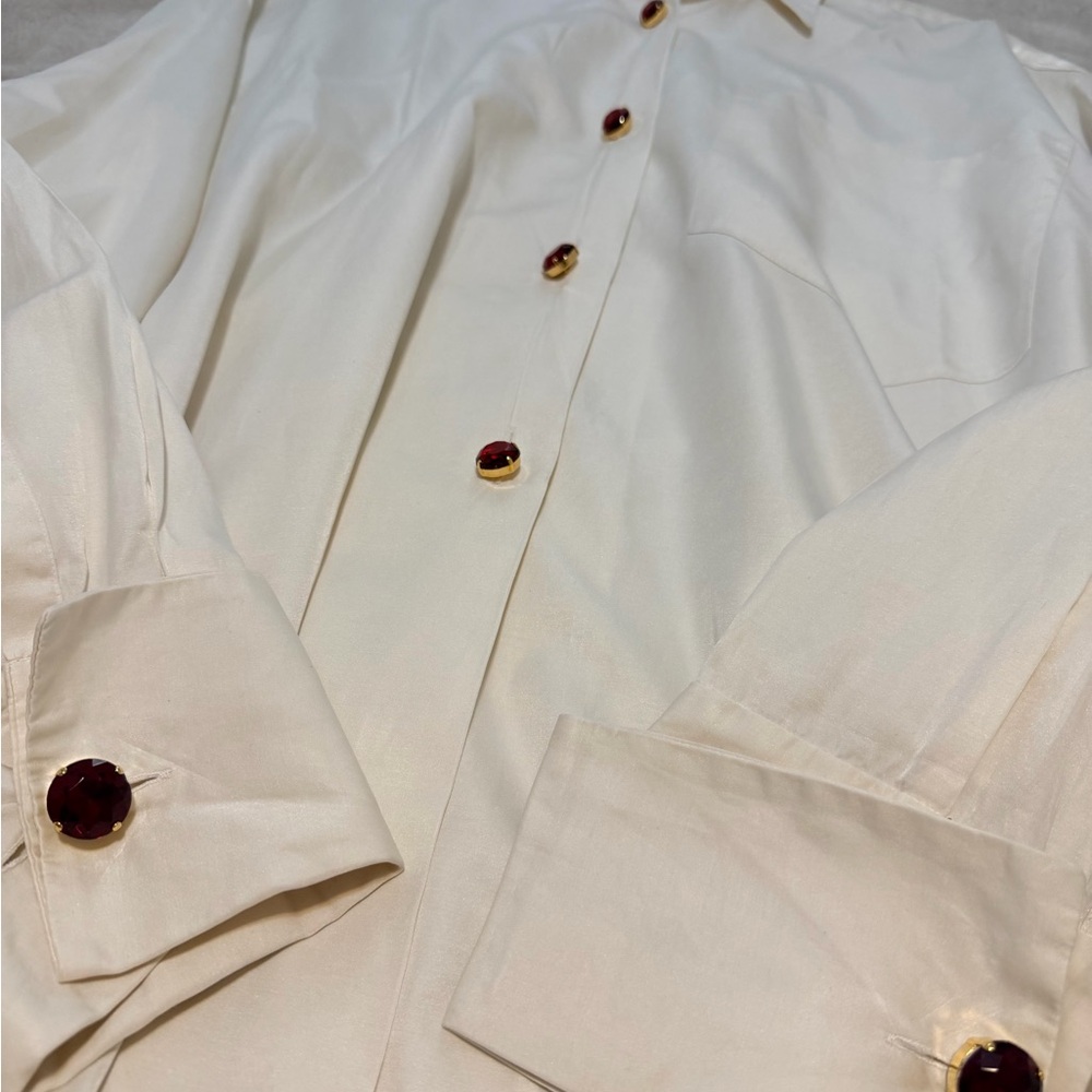 Dolce & Gabbana Cream Silk Shirt with Red Jewel Button - Picture 4 of 6